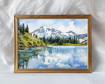 Mount Rainier Watercolor Painting, Washington Landscape Art, Mountain Lake Reflection, Nature Wall Decor