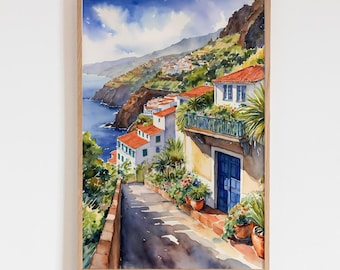 Madeira Watercolor Painting - Portugal Travel Art Print - Coastal Wall Decor - Atlantic Ocean Island Poster - Travel Gift