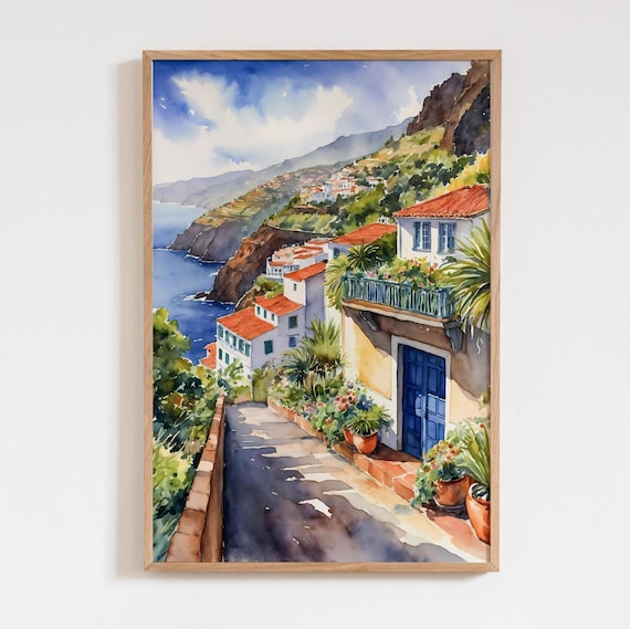 Madeira Watercolor Painting - Portugal Travel Art Print - Coastal Wall Decor - Atlantic Ocean Island Poster - Travel Gift