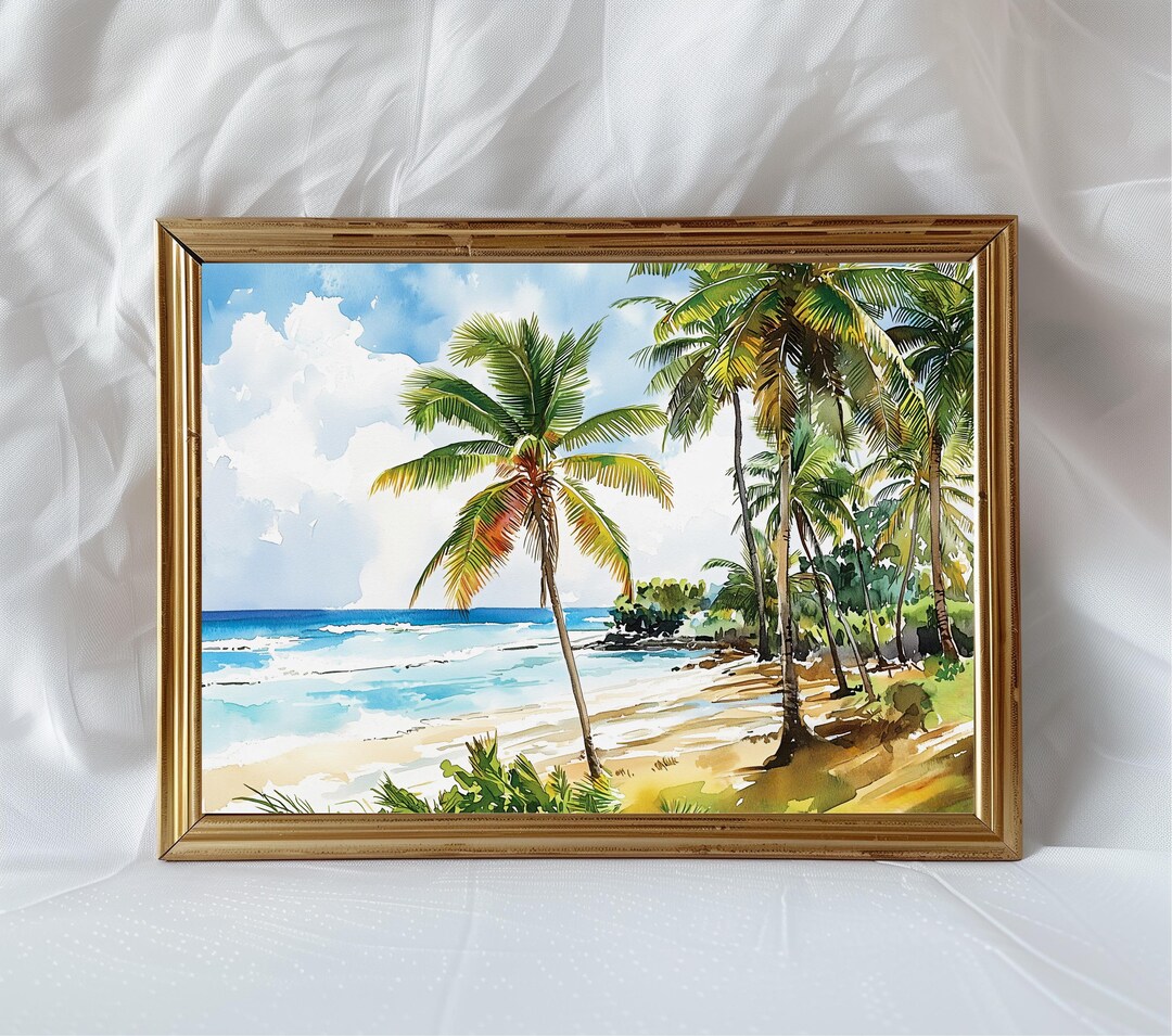 Watercolor Style Palm Tree Beach Art Print, Tropical Coastal Wall Art ...