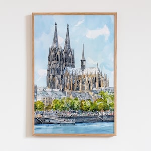 Cologne Cathedral Watercolor Print, Germany Cityscape Wall Art, Vibrant Architecture Painting, Travel Poster, Gift Idea