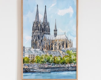 Akwarela z katedrą w Kolonii, pejzaż miejski w Niemczech, obraz na ścianę, żywa architektura, plakat podróżniczy, pomysł na prezent