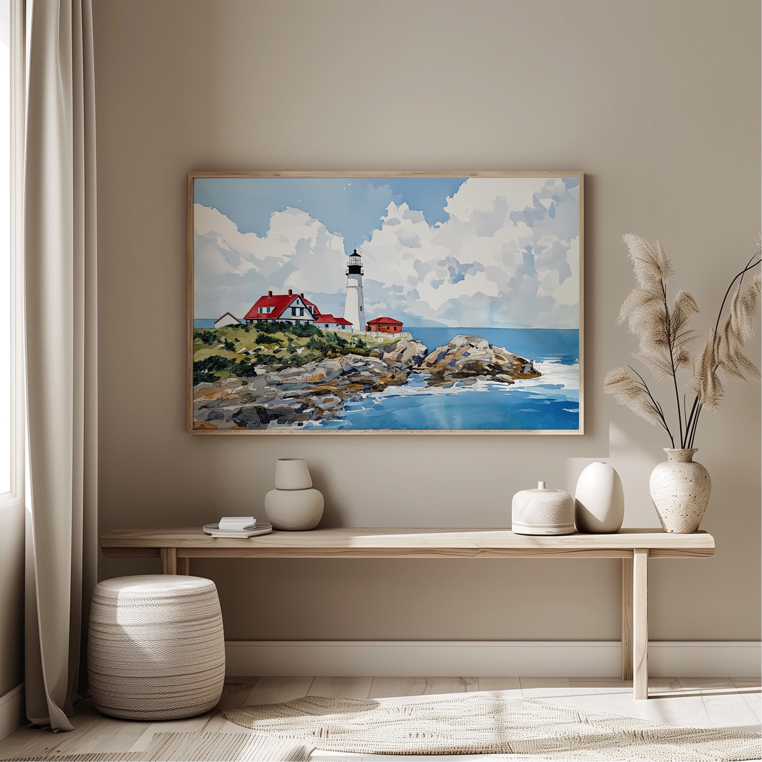 Portland Head Light Maine Watercolor Print, Coastal Lighthouse Art ...
