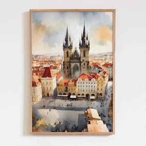 Prague Travel Poster, Old Town Square Art Print, Watercolor Prague Cityscape, Czech Republic Wall Art, Praha Architecture Decor