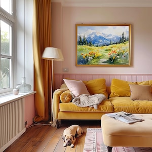 Alpine Meadow Watercolor Print, Wildflowers & Mountain Path Art, Bright Landscape Wall Decor, Vibrant Nature Painting Gift