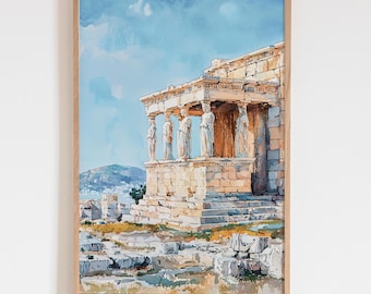 Maiden Porch Watercolor Print, Acropolis Athens Wall Art, Classical Greek Architecture Painting, Travel Souvenir Gift