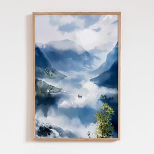 Norwegen Fjord Aquarell Druck, Neblige Landschaft, See Szene & Boot, Natur Poster, Geschenk für die Welt