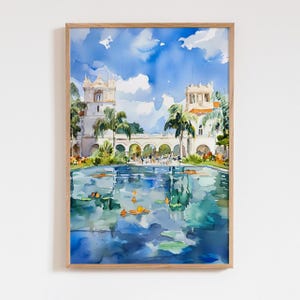 Balboa Park Aquarell Kunstdruck San Diego | Kalifornisches Wahrzeichen Wanddekoration | Gartenteich Bild | Geschenk für Reiseliebhaber