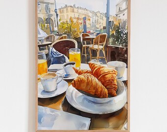 Impresión de acuarela de un café parisino, arte de desayuno francés, pintura de croissant y café, decoración de pared de una calle parisina, regalo de viaje para ella