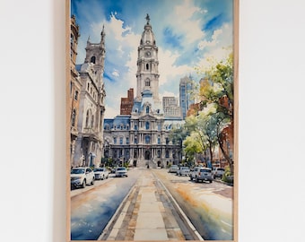 Philadelphia City Hall Watercolor Print, Philly Cityscape Art, Pennsylvania Travel Poster, Historic Landmark Wall Art Decor