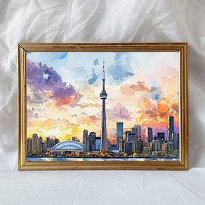 Toronto Skyline Watercolor Painting - Canada Travel Art Poster - Toronto Wall Art Print - Canada Home Decor - Toronto Artwork Gift image 1
