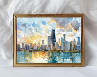 Póster con acuarela del horizonte de Chicago, decoración de pared con viajes a Illinois, regalo único de Chicago, vibrante obra de arte de Chicago