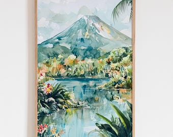 Pintura em aquarela sobre o vulcão Arenal, Costa Rica - Pôster de viagem sobre o vulcão Arenal - Impressão artística sobre a Costa Rica - Decoração de parede sobre o vulcão - Arte de viagem tropical