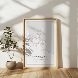 Poster impression d'art carte Kailua Hawaii - cadeau souvenir de voyage à Hawaii, impression d'art mural Kailua HI