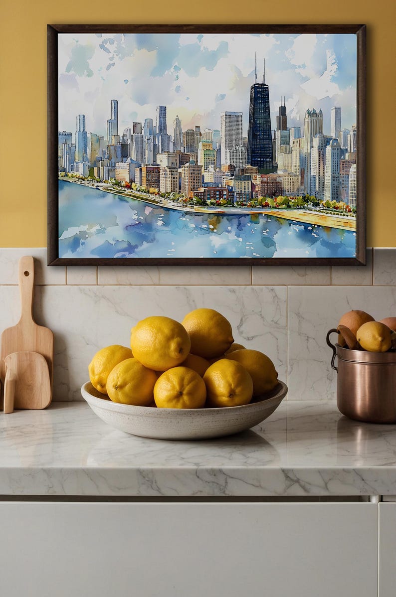 Quadro decorativo de Chicago para parede - Pintura em aquarela da paisagem urbana - Decoração com o horizonte de Chicago - Pôster de viagem para Illinois - Presente para casa imagem 9