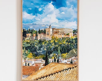 May include: Watercolor painting of a historic building complex with a tower, set against a backdrop of lush green trees and a bright blue sky with fluffy white clouds. The foreground features a terracotta tile roof.