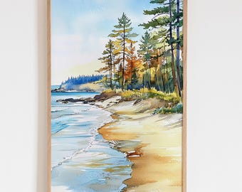 Lake Michigan Inspired Watercolor Art Print – Serene Lakeside Landscape Wall Decor | Great Lakes Coastal Home Artwork