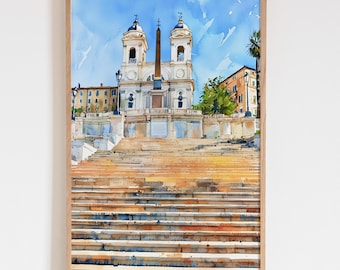 Spanish Steps Rome Watercolor Print, Italian Landmark Wall Art, Rome Travel Poster, Historic Cityscape Painting, Italy Architecture Decor