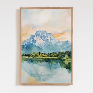 Grand Teton Portrait Wandkunst, Oxbow Bend Aquarell Druck, Vertikales Berg Poster, Natur Dekor, Geschenk für Outdoor Liebhaber