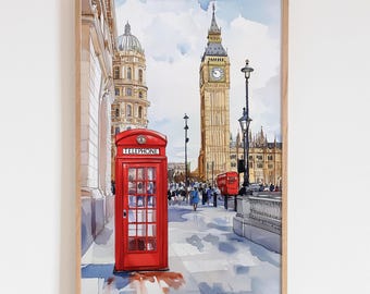 Watercolor London England Art Print, Red telephone box Poster, Big Ben Painting, Perfect Travel Keepsake for Home Decor