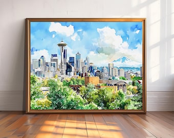 Plakat artystyczny z panoramą Seattle, akwarelowy pejzaż miejski Seattle w stanie Waszyngton, sztuka ścienna w centrum Seattle, wydruk z podróży po Waszyngtonie, wystrój wnętrz w Seattle