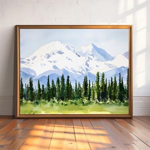 Stampa artistica ad acquerello dei ghiacciai dell'Alaska, paesaggio di montagne innevate, pini, colori pastello, idea regalo per decorazioni murali naturalistiche