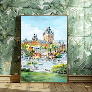 May include: A framed watercolor painting of a European-style castle with multiple towers and a red-orange facade. The artwork depicts a cityscape with buildings, trees, and a park with benches. The sky is blue, and the frame is gold.