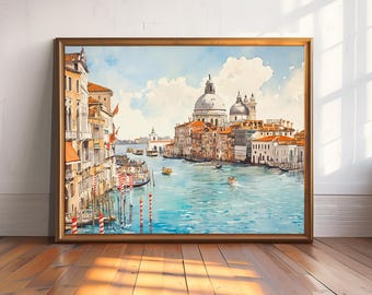 Impression aquarelle de Venise, art de la gondole du Grand Canal, art mural Italie, peinture Santa Maria della Salute, cadeau déco voyage pastel