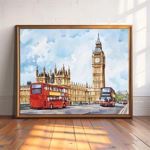 Big Ben London Watercolor Print, Red Double-Decker Bus Wall Art, UK Travel Poster, London City Painting, London Art Gift Idea