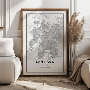 Poster impression d'art carte de Santiago du Chili - souvenir de cadeau de voyage du Chili, art déco mural imprimé Santiago