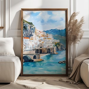 Watercolor Amalfi Coast Italy Art Print, Bright Coastal Landscape Wall Decor, Italian Seaside Town Illustration, Mediterranean Travel Gift