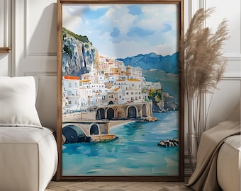 Aquarell Amalfiküste Italien Kunstdruck, Helle Küstenlandschaft Wanddekor, Italienische Stadt am Meer Illustration, Mittelmeer Reisegeschenk