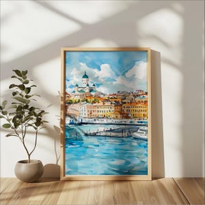 Stampa artistica ad acquerello di Helsinki, Finlandia, Cattedrale e porto, paesaggio urbano, poster di viaggio nordico, idea regalo per decorazioni murali scandinave
