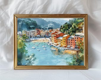 一期会受賞作品　イタリア　ポルトフィーノの街並み　水彩画　10号 Portofino Italy Watercolor Art Print, Coastal Seascape (8x10