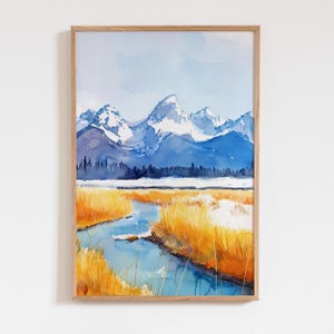 Grand Teton Aquarell Kunstdruck, Berglandschaft Wandkunst, Goldenes Feld Natur Poster, Malerische Nationalpark Geschenkidee