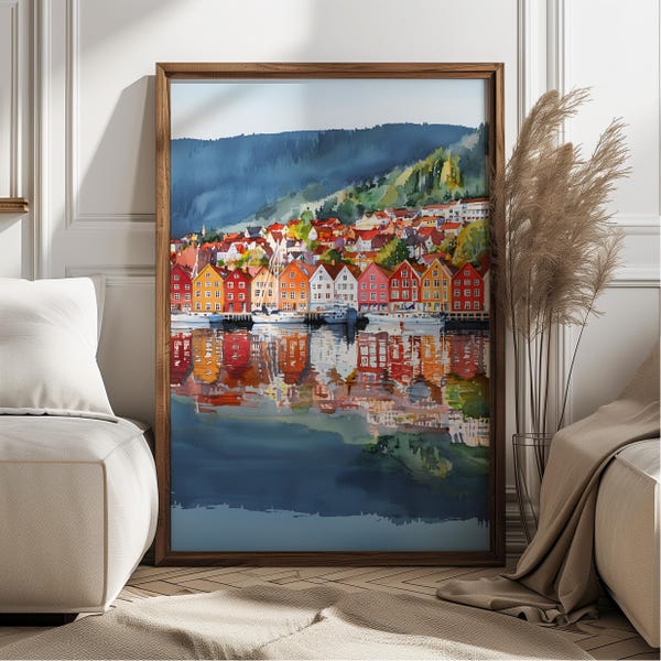 Bergen Norway Watercolor Print, Colorful Scandinavian Wall Art, Nordic Harbor City Poster, Coastal Landscape Gift, Summer Travel Decor