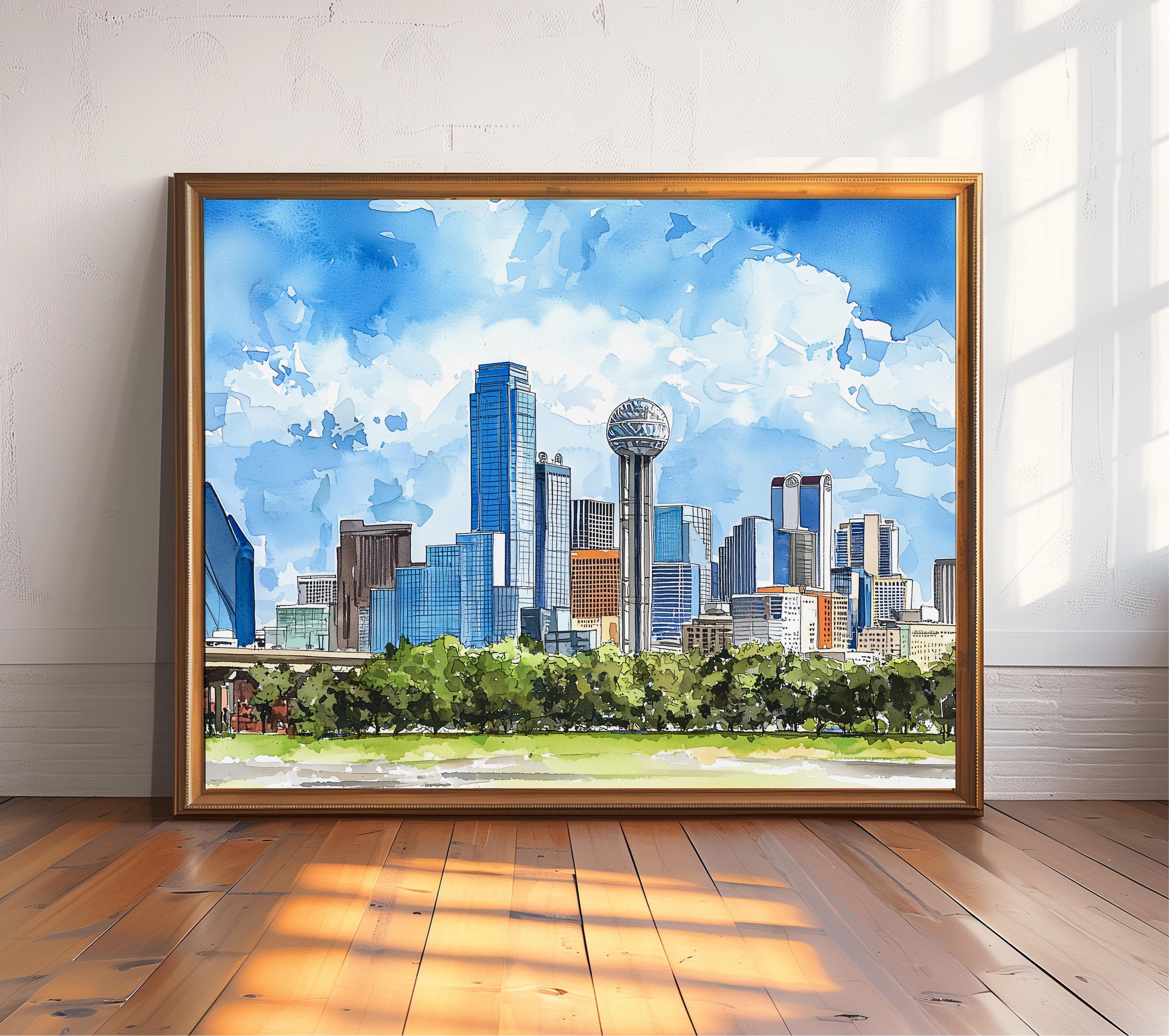 Dallas Skyline Watercolor Art Print, Texas Cityscape Travel Poster ...