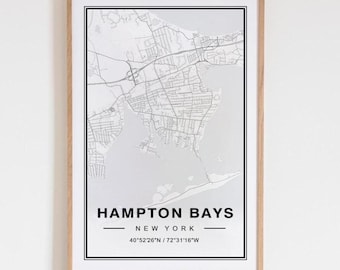 Hampton Bays Map Art Print Poster - New York Travel Gift Keepsake, Hampton Bays NY Wall Art Decor