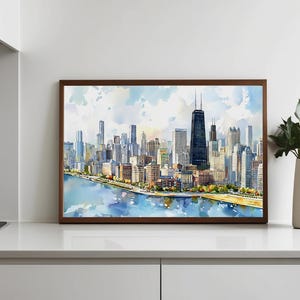 Quadro decorativo de Chicago para parede - Pintura em aquarela da paisagem urbana - Decoração com o horizonte de Chicago - Pôster de viagem para Illinois - Presente para casa imagem 8