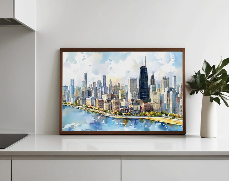 Quadro decorativo de Chicago para parede - Pintura em aquarela da paisagem urbana - Decoração com o horizonte de Chicago - Pôster de viagem para Illinois - Presente para casa imagem 8