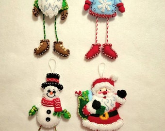 Bucilla Christmas Ornaments,  Dangling leg Friends Ornaments set of 6. Finished Bucilla Ornaments.