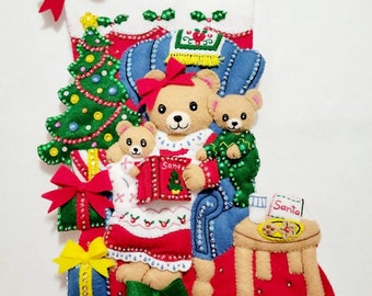 Bucilla Storytime Bears, Christmas Stocking, Finished Bucilla Stocking, Finished Felt Stockings,Family Stocking,