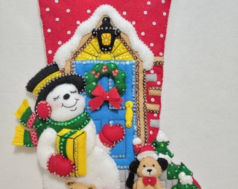 Bucilla Gifting Snowman, Christmas Stocking, Finished Bucilla Stocking, Finished Felt Stockings,Family Stocking,