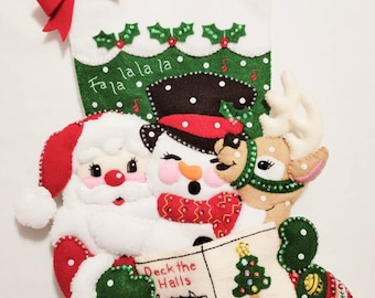Bucilla Santa Christmas Carols,  Finished Bucilla Christmas stocking,  Felt Stocking,  Santa Surprise stocking