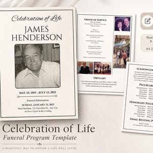 Editable Funeral Program Template for Men Celebration of Life Program Template Obituary Program Canva Template 4 Page Funeral Program