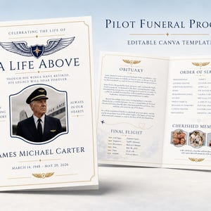 May include: A bi-fold funeral program template titled A Life Above featuring a pilot theme. The cover displays a photograph of a pilot, wings emblem, and text including James Michael Carter. The interior shows an obituary, order of service, and photos.