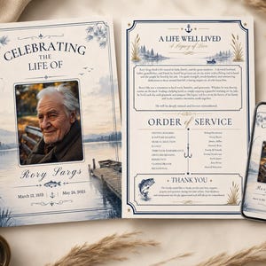 Modello di programma funebre a tema pesca per papà, marito, nonno, modificabile su Canva, commemorazione, celebrazione della vita, necrologio, invito mobile.