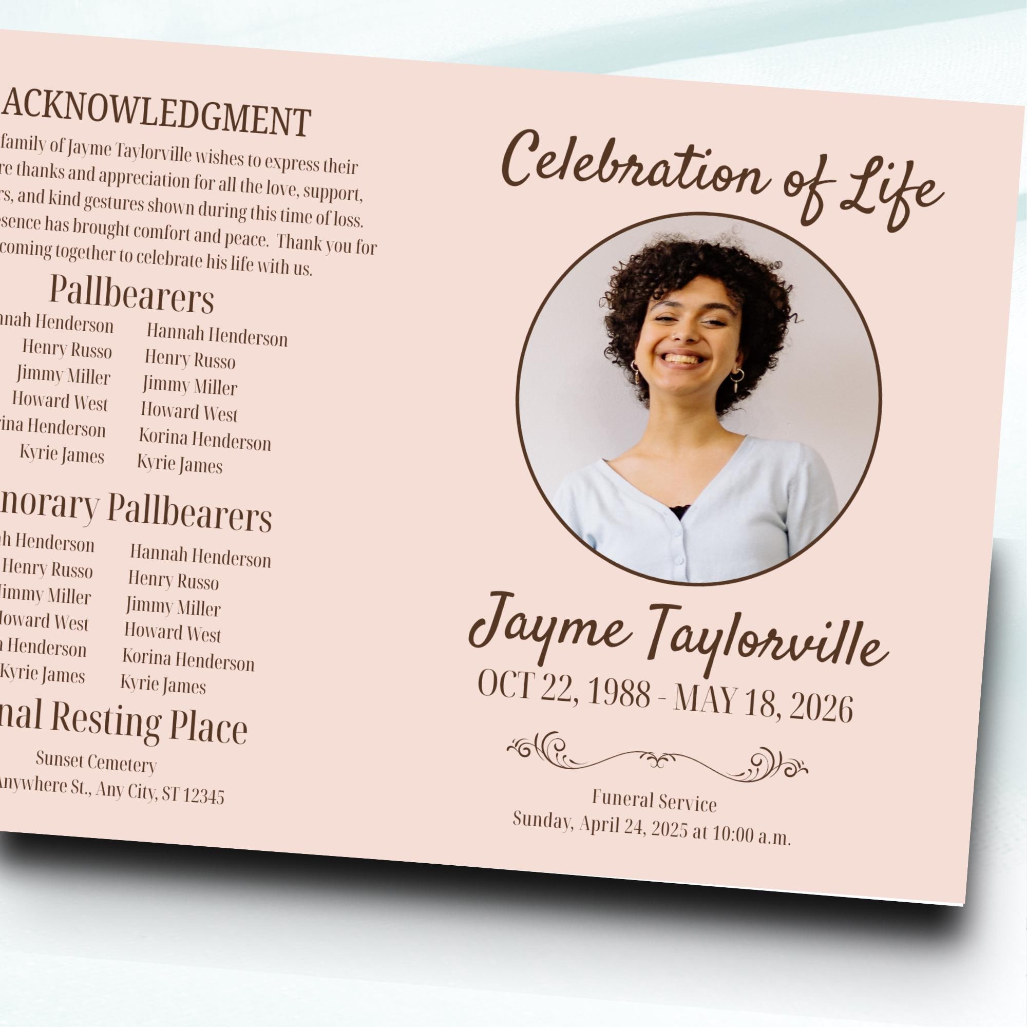Neutral Funeral Program Template, Editable Canva Memorial Program ...