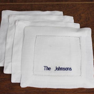 Personalized embroidered linen cocktail napkins, custom wedding bridal shower gift, custom name