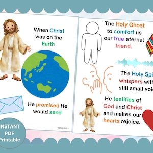 May include: Two printable PDF pages with religious illustrations and text. One page shows Jesus with the Earth, the text reads "When Christ was on the Earth" and "He promised He would send". The other page has text about the Holy Ghost.